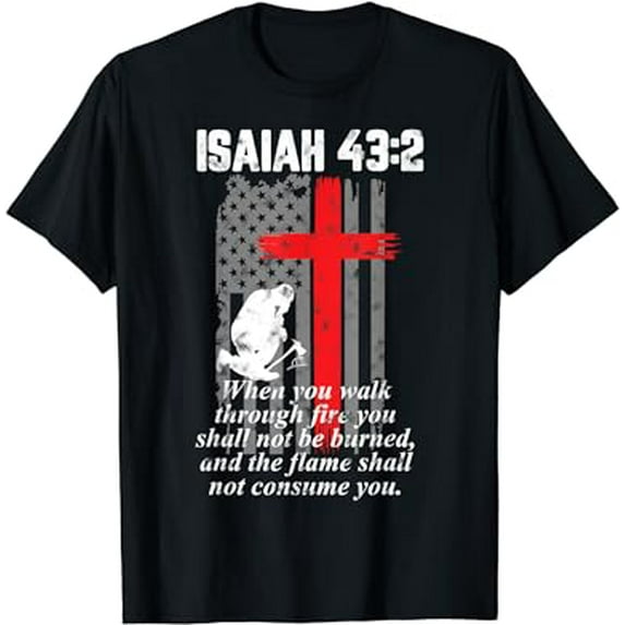 Thin Red Line Firefighter Cross Bible Verse American Flag T-Shirt