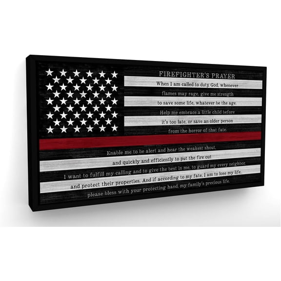 Thin Red Line, Firefighter Prayer Sign, Fire Department Art Gift for Fireman, Ready-To-Hang Canvas Wall Art Black Framed 20"x40"