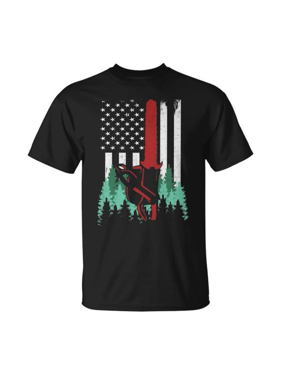 Thin Red Line Logger Arborist Lumberjack American Flag Graphic Tee Unisex Adult Cotton Casual Patriotic Work Gift T-Shirt, Size S, Color Black