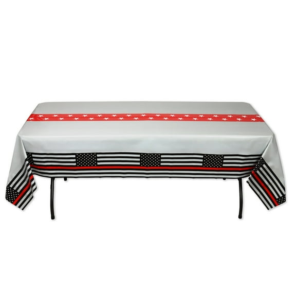 Thin Red Line Party Tablecover! 108 x 54. Medium thickness, opaque plastic. Perfect for Firefighter and Community Events.
