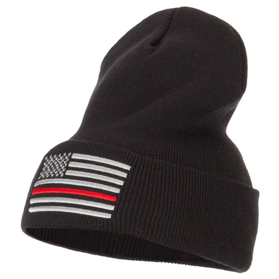 Thin Red Line USA Flag Embroidered Long Beanie - Black OSFM