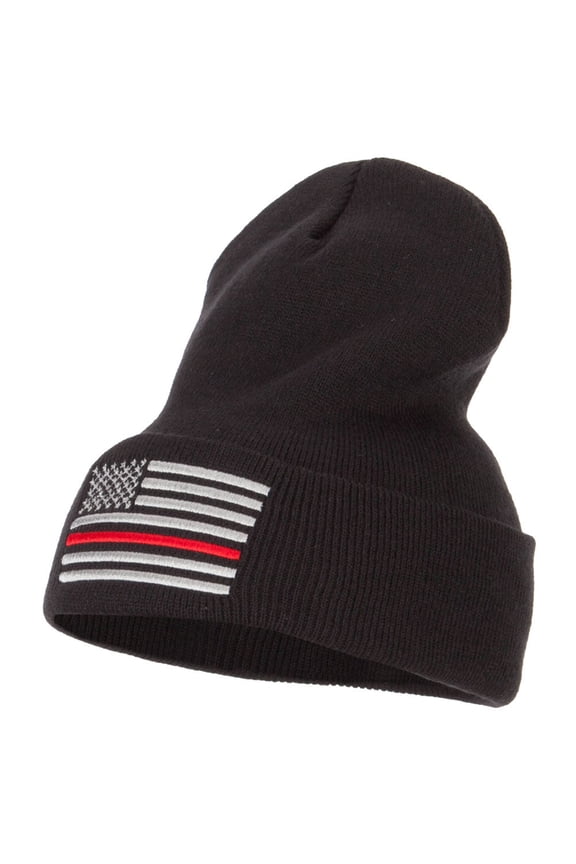 Thin Red Line USA Flag Embroidered Long Beanie - Black OSFM