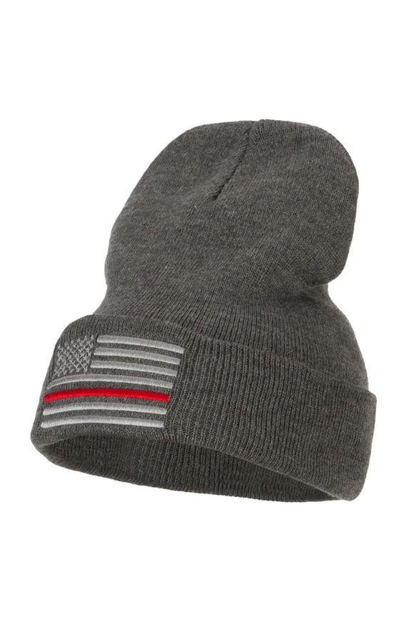 Thin Red Line USA Flag Embroidered Long Beanie - Dark Grey OSFM