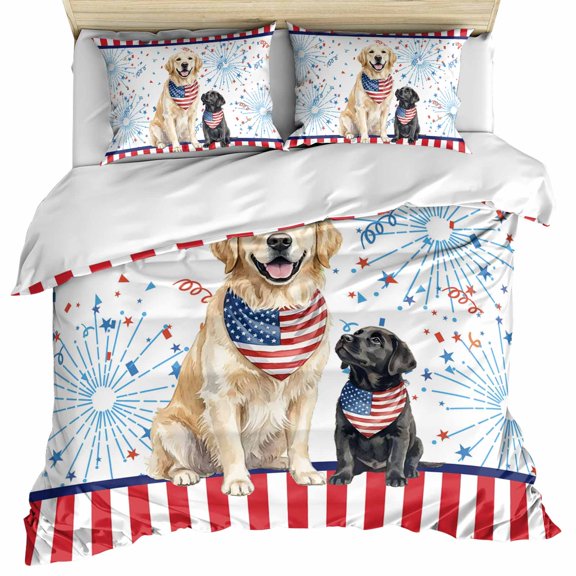Thin Red Lines Bedding 3 Piece Duvet Cover Set California King, Independence Day Funny Dogs Fireworks Microfiber Comforter Cover with Zipper Closure & Pillowcases, Wrinkle & FadeResistant Quilt Cover