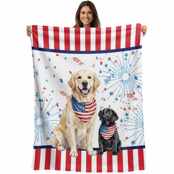 Thin Red Lines Blanket Soft Cozy Warm Throw Blanket for Couch, Plush Fuzzy Flannel Fleece Blankets for Sofa, Independence Day Funny Dogs Fireworks Bed Blankets Lightweight Gifts for Women, 30"x40"