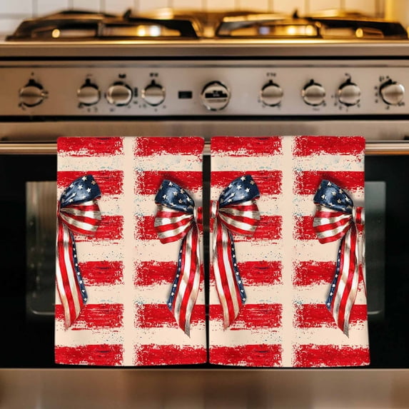 Thin Red Lines Kitchen Towels Set of 4, Patriotic Bow Vintage Distressed Striped Absorbent Dish Towels for Kitchen, Microfiber Hand Towel, Quick Drying Tea Towel for Cleaning Decorative Dishcloths