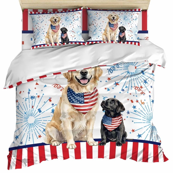 Thin Red Lines Set of 4 Bedding Quilt Covers, Independence Day Funny Dogs Fireworks 4-Piece Bed Sheet Set with Extra Soft Bed Sheets Quilt Cover Pillowcase, Queen