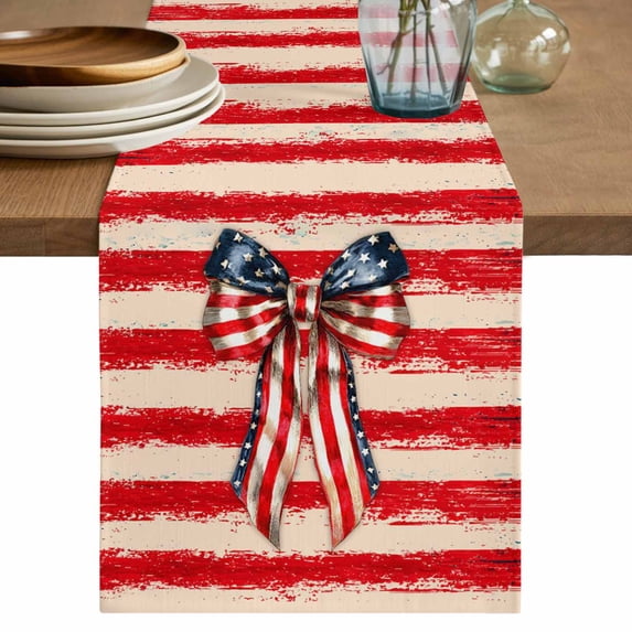 Thin Red Lines Table Runner 70 Inches, Patriotic Bow Vintage Distressed Striped Bed Runner Dresser Scarves Tabletop for Indoor Outdoor Parties/Ceremony/Banquet, 13" x 70"