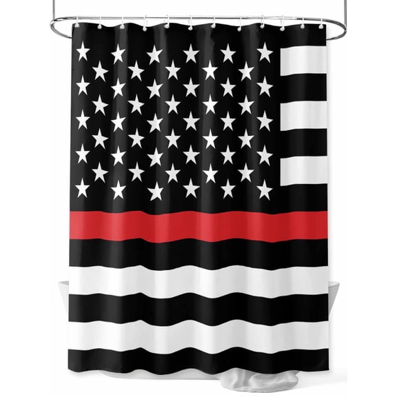 Thin Red Shower Curtain, Line Flags American Firefighter Red Stripes Flag Waterproof Shower Curtain Set with 12 Hooks Lightweight Washable Fabric Shower Curtains for Bathroom 72x84 Inches