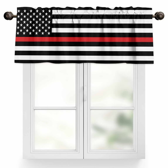 Thin Red Valances for Windows, 42 x 18in, Line Flags American Firefighter Red Stripes Flag Rod Pocket Kitchen Valance Curtain Light Filtering Window Treatments for Living Room Bedroom, 1 Panel