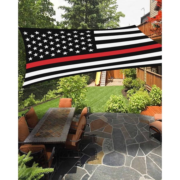 Thin Red Waterproof Sun Shade Sail Line Flags American Firefighter Red Stripes Flag Outdoor Patio Sun Shades Canopy UV Block Waterproof Sunshade for Garden Backyard Deck Pergola 8x10 Ft