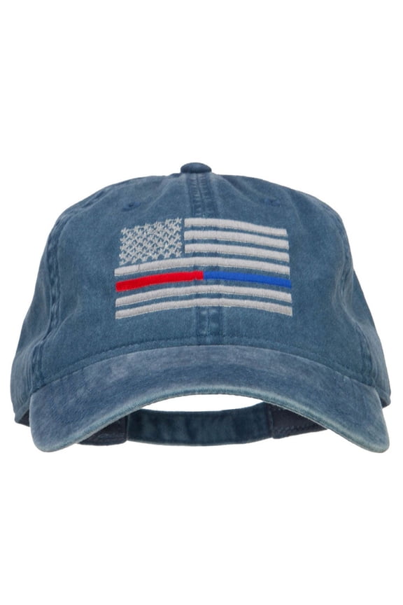 Thin Red and Blue Line Silver USA Flag Embroidered Washed Buckle Cap - Navy OSFM
