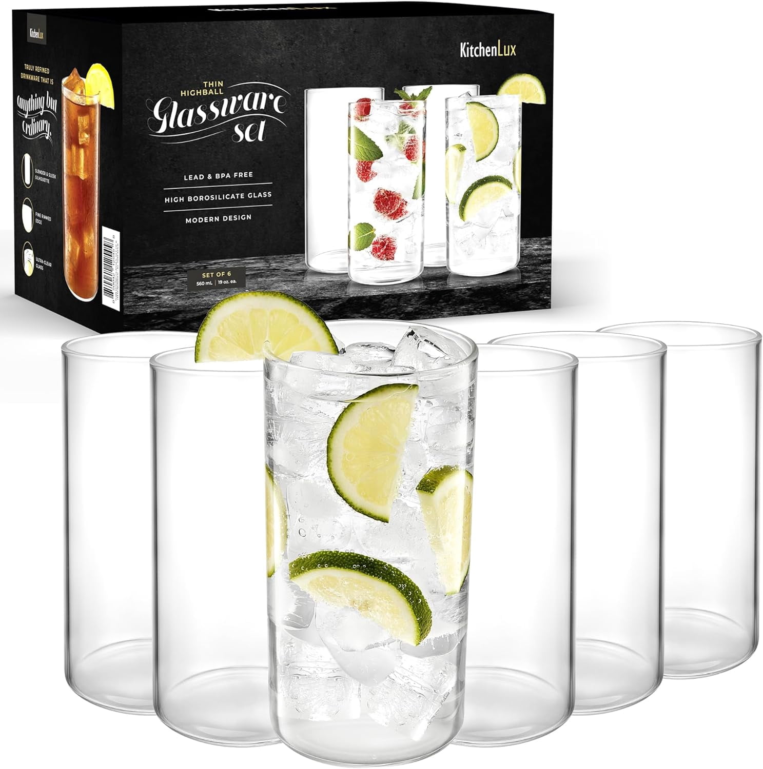 High Ball Rond Thin Round Drinking Glasses Set of 6-19 oz Tall Water Glasses Highball ...