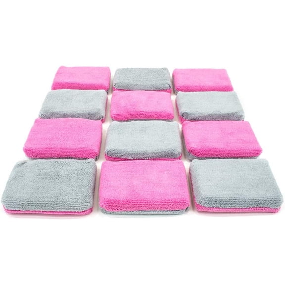 Thin [Saver Applicator Terry] Ceramic Coating Spon | 12 Pack ith Plastic Barrier to Reduce Product aste. (Pink/Gray)