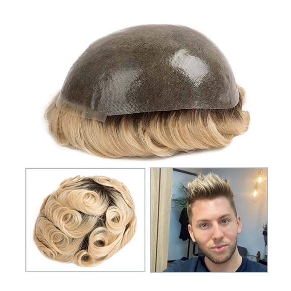 Thin Skin Male Hair Prosthesis Soft Full PU Base Men's Toupee Double Knot Brown Roots Ombre Blonde Color Hairpiece Wig Indian Human Hair System Units