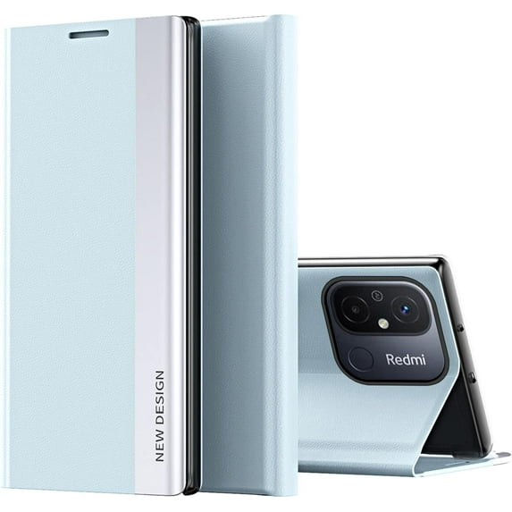 Thin Slim Flip Case for Xiaomi Redmi 12C with Kickstand, Full Body Protective PU Leather Cover Business Phone Cases for Xiaomi Redmi 11A/Redmi 12C CX Light Blue