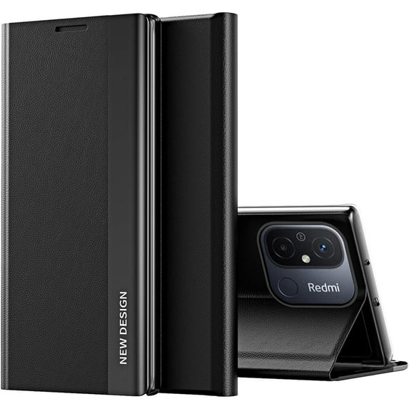 Thin Slim Flip Case for Xiaomi Redmi 12C with Kickstand, Full Body Protective PU Leather Cover Business Phone Cases for Xiaomi Redmi 11A/Redmi 12C CX Black