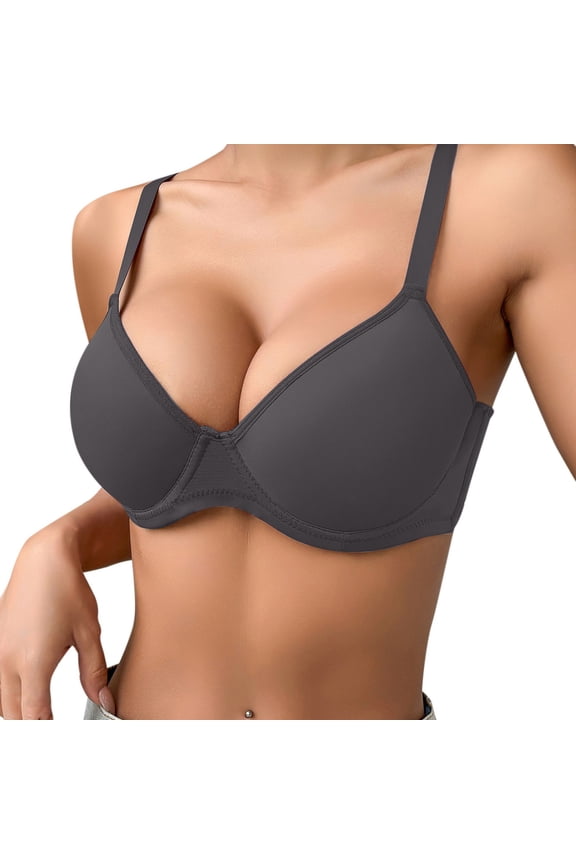 Thin Solid Color Push Up Bra Underwire Triple Bra Comfortable Underwear for Women Daily Wear,Grey,75C