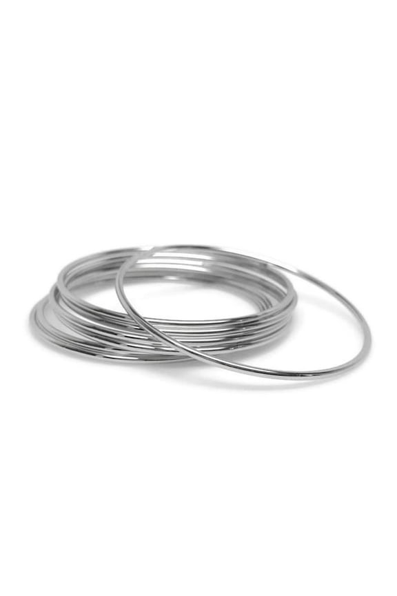 Thin Stainless Steel Silver Stackable Plain Round Bangle Bracelets for Women (Set of 7) - 9 Inch