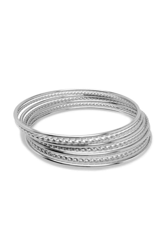 Thin Stainless Steel Silver Stackable Plain and Twisted Bangle Bracelets for Women (Set of 7) - 8 Inch