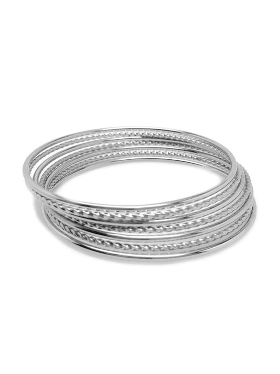 Thin Stainless Steel Silver Stackable Plain and Twisted Bangle Bracelets for Women (Set of 7) - 8 Inch