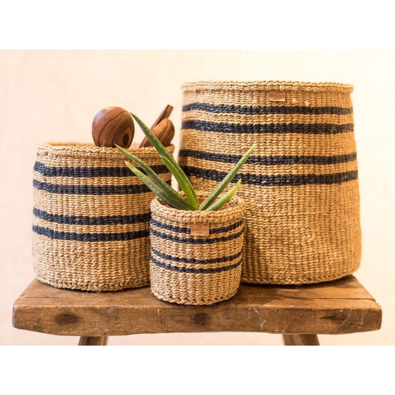 Thin Stripe Charcoal Black & Natural Woven Storage Basket Set (S,M, L)