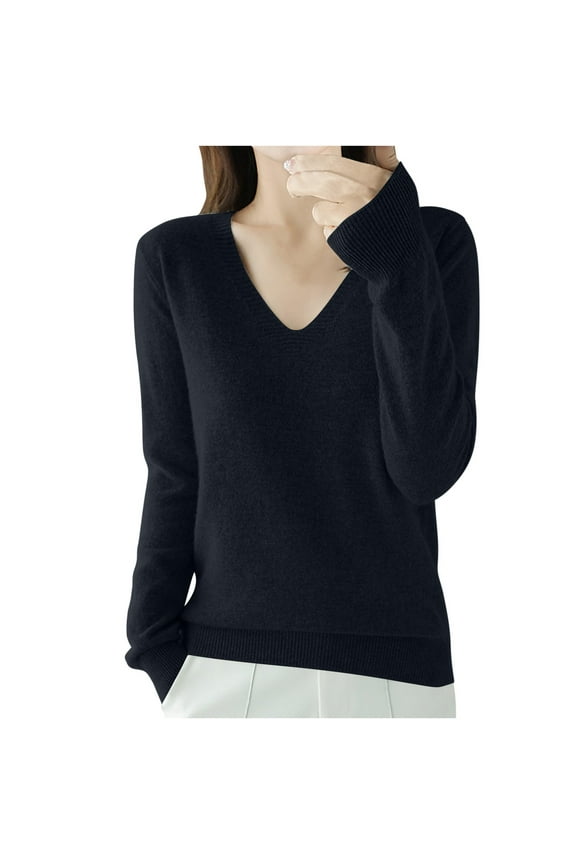 Thin Sweaters for Women Lightweight Fashion V Neck Solidlong Sleeve Casual Pullover Jumper Springt Fall Tunic Tops(Black,M)