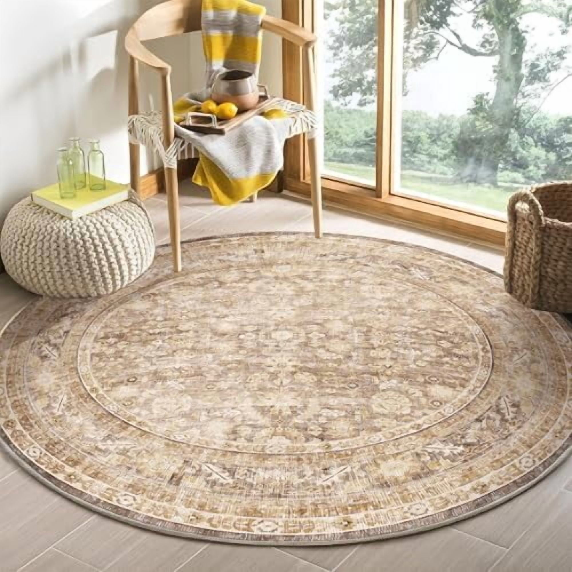 Tan Round Rug Thin Vintage Beige Round Rug 4ft, 4 ft Retro Washable Circle Rug Non ...