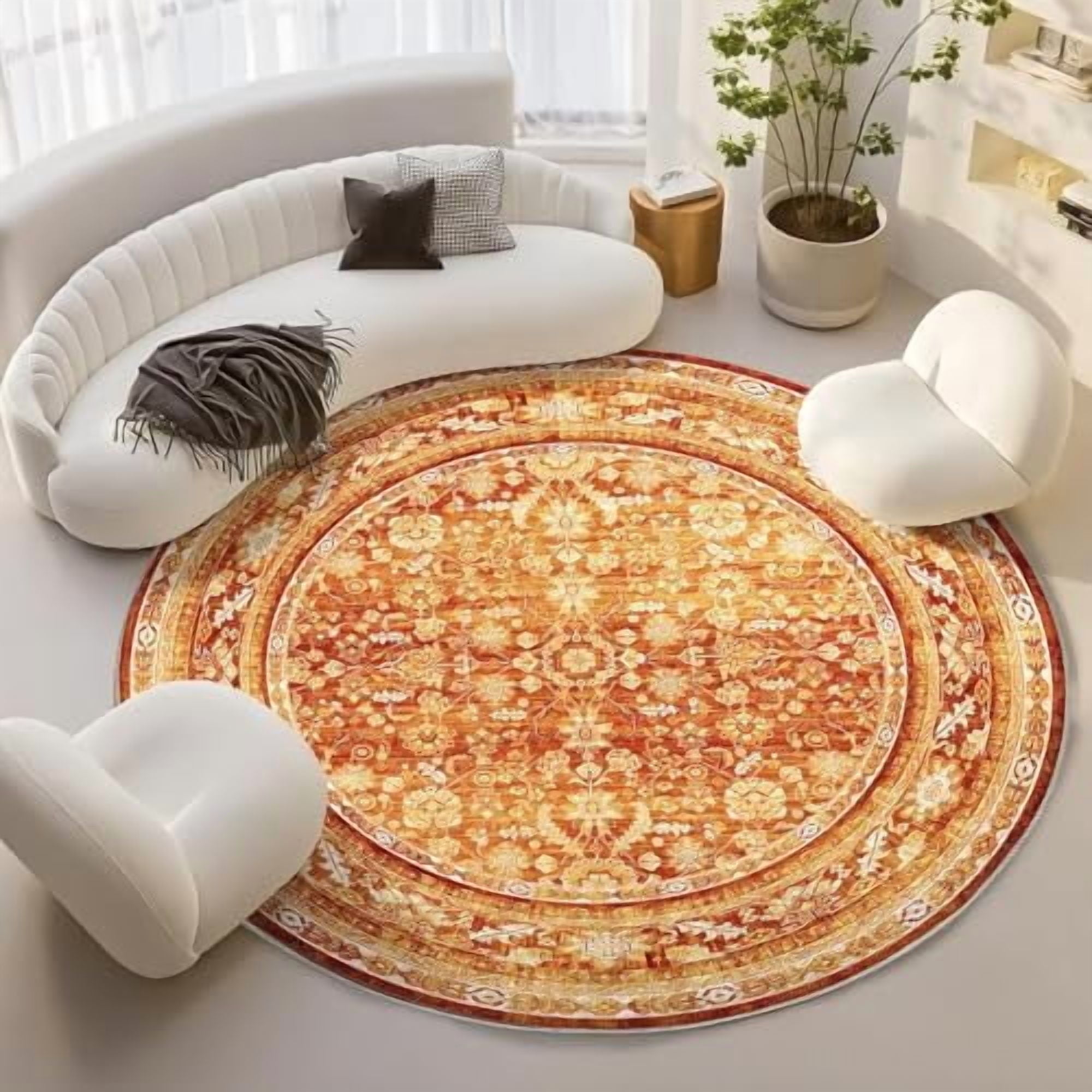 Thin Vintage Orange Round Rug 6ft, 6 ft Retro Washable Circle Rug Non ...