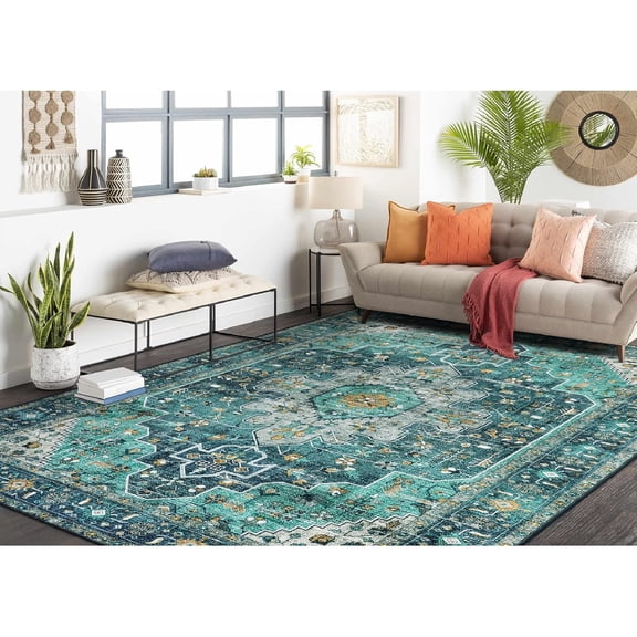 Thin Washable Teal Non Slip Bathroom Rug Laundry Room Mat, Machine Washable Non-Slip Pet Friendly Carpet Runner for Camper RV Foyer Kitchen Hallway