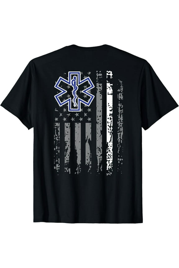 Thin White Line EMS EMT Paramedic American Flag Back Print T-Shirt