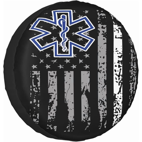 Thin White Line EMS EMT Paramedic American Flag Spare Tire Cover Weatherproof Wheel Protectors Dust-Proof Sun Protection Wheel Tire Covers Universal Fit for Truck SUV RV Camper Trailer