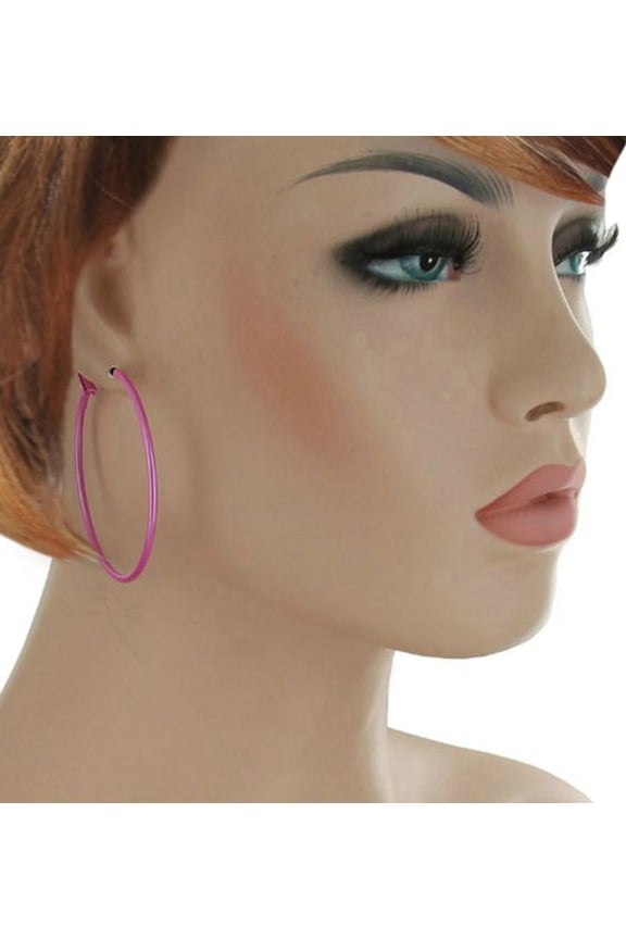 Thin Wire Classic Large Pink Hoop Pierced Earrings 2 1/8" Surgical Steel Posts Ladies Adult Female Women