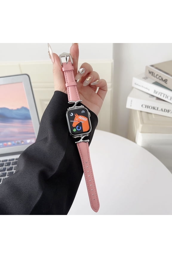 Thin X-Shape Lichee Texture Genuine Leather Band Compatible with Apple Watch Band 38/40/41/42mm(S10) Women Girls, Repalcement Wristband for iWatch Series 10 9 8 7 6 5 4 3 2 1 SE Ultra, Pink