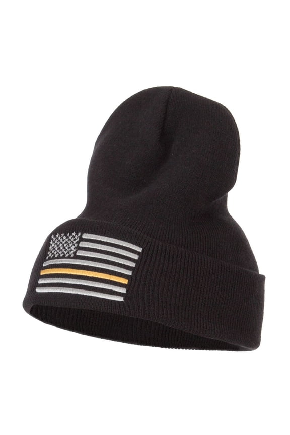 Thin Yellow Line USA Flag Embroidered Long Beanie - Black OSFM