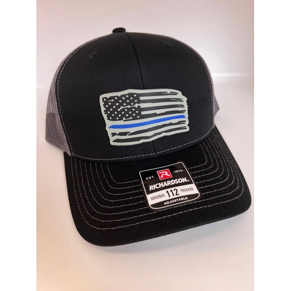 Thin blue line hat for Christmas gift, Law enforcement gift hat, Richardson 112 Trucker Hat with Thin Blue Line American Flag for officer
