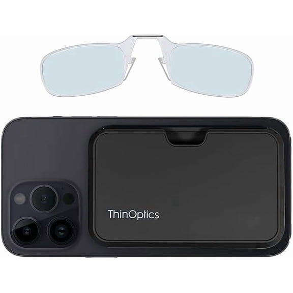 ThinOptics Blue Light Readers, Armless Glasses with Phone Case - Black, Clear 2.5x