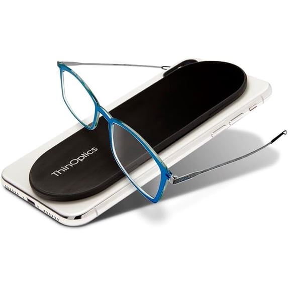 Always With You by ThinOptics Reading Glasses with Slim Case – Readers Attach to Your Phone, Tablet, or Fit in Your Pocket - Rectangular Blue, 2.0x