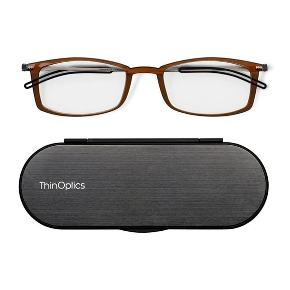 Always With You by ThinOptics Reading Glasses with Slim Case – Readers Attach to Your Phone, Tablet, or Fit in Your Pocket - Rectangular Brown, 2.0x