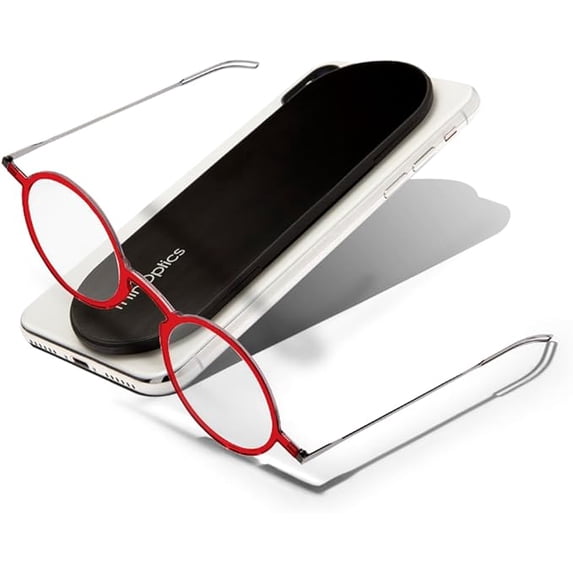 Always With You by ThinOptics Reading Glasses with Slim Case – Readers Attach to Your Phone, Tablet, or Fit in Your Pocket - Round Red, 2.0x