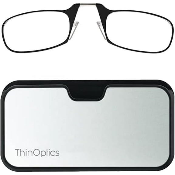 ThinOptics Universal Case and Readers Rectangular Reading Glasses, Silver Black Metal Pod with Black Frames, 2