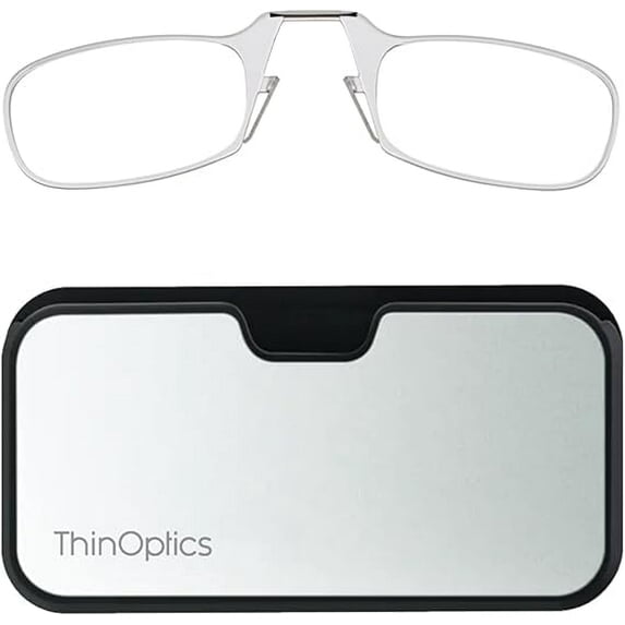 ThinOptics Universal Case and Readers Rectangular Reading Glasses, Silver Black Metal Pod with Clear Frames, 1