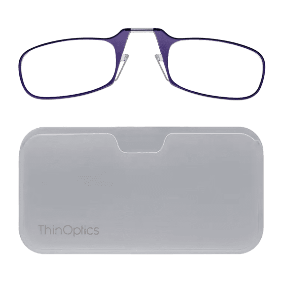 Always With You by ThinOptics Slim Reading Glasses with Case that Sticks to Your Phone - Ultra-Thin Armless Pocket Readers - Lightweight, Durable, Convenient - White / Purple, 1.0x