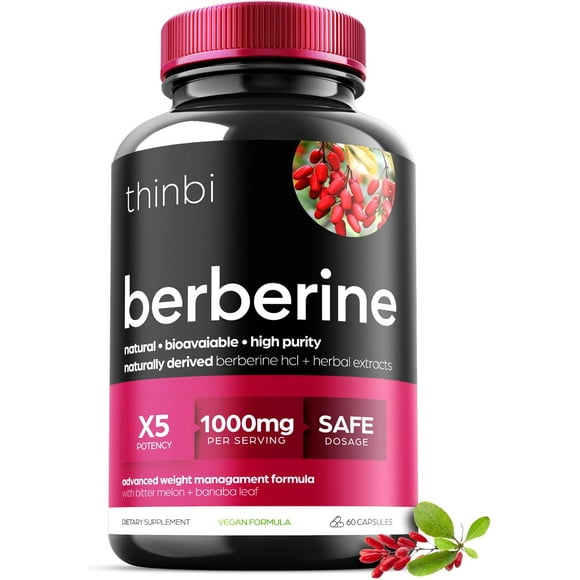 Thinbi Berberine Supplement 1000mg Potent Botanical Weight Management with Bitter Melon and Banaba Leaf HCl from Barberry Extract- 30 Servings (60 Capsules)