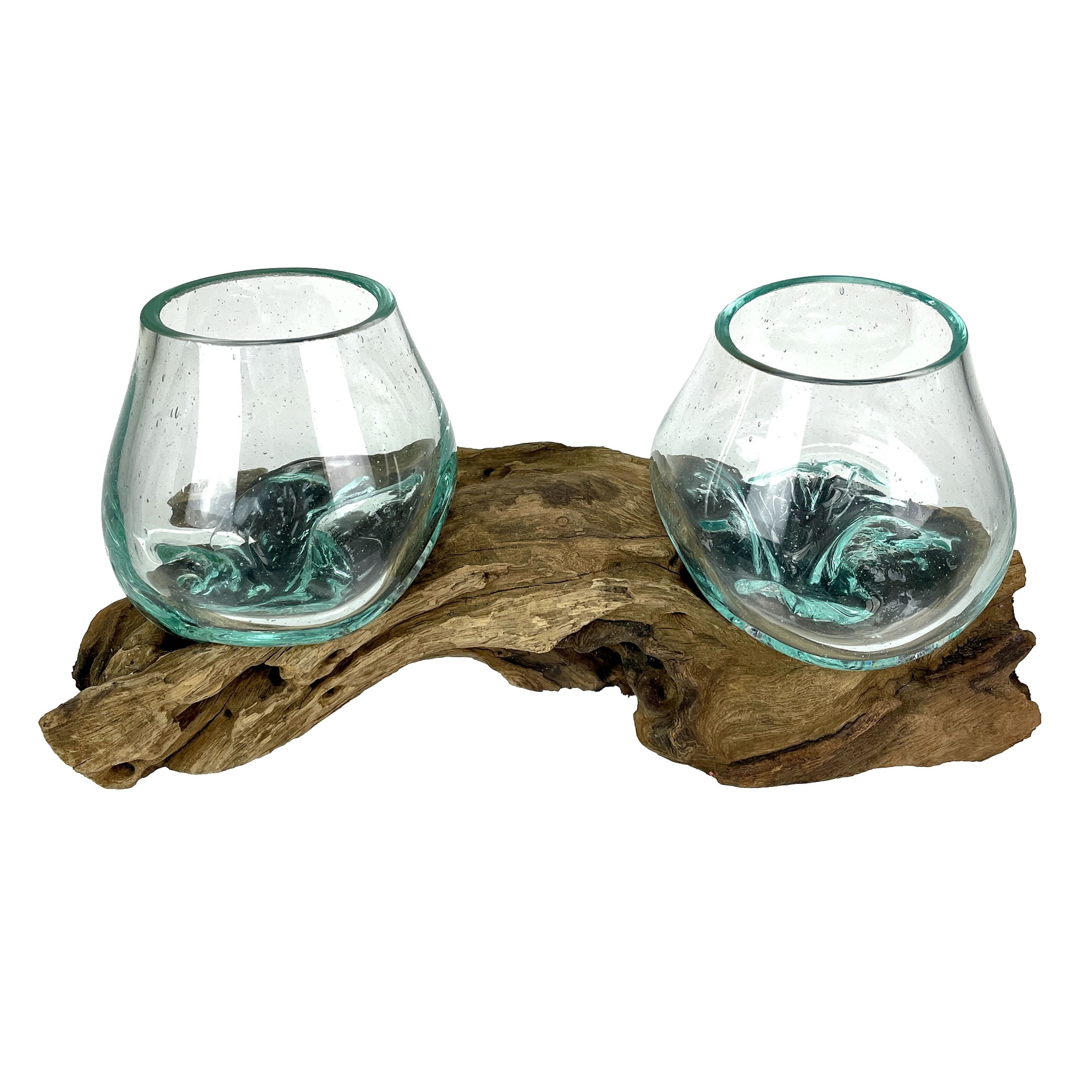 Things2Die4 10.5" Double Molten Glass Bowls on Driftwood Hand Blown Planter Terrarium Decor - Natural - Size 10.5 inch Double Bowl