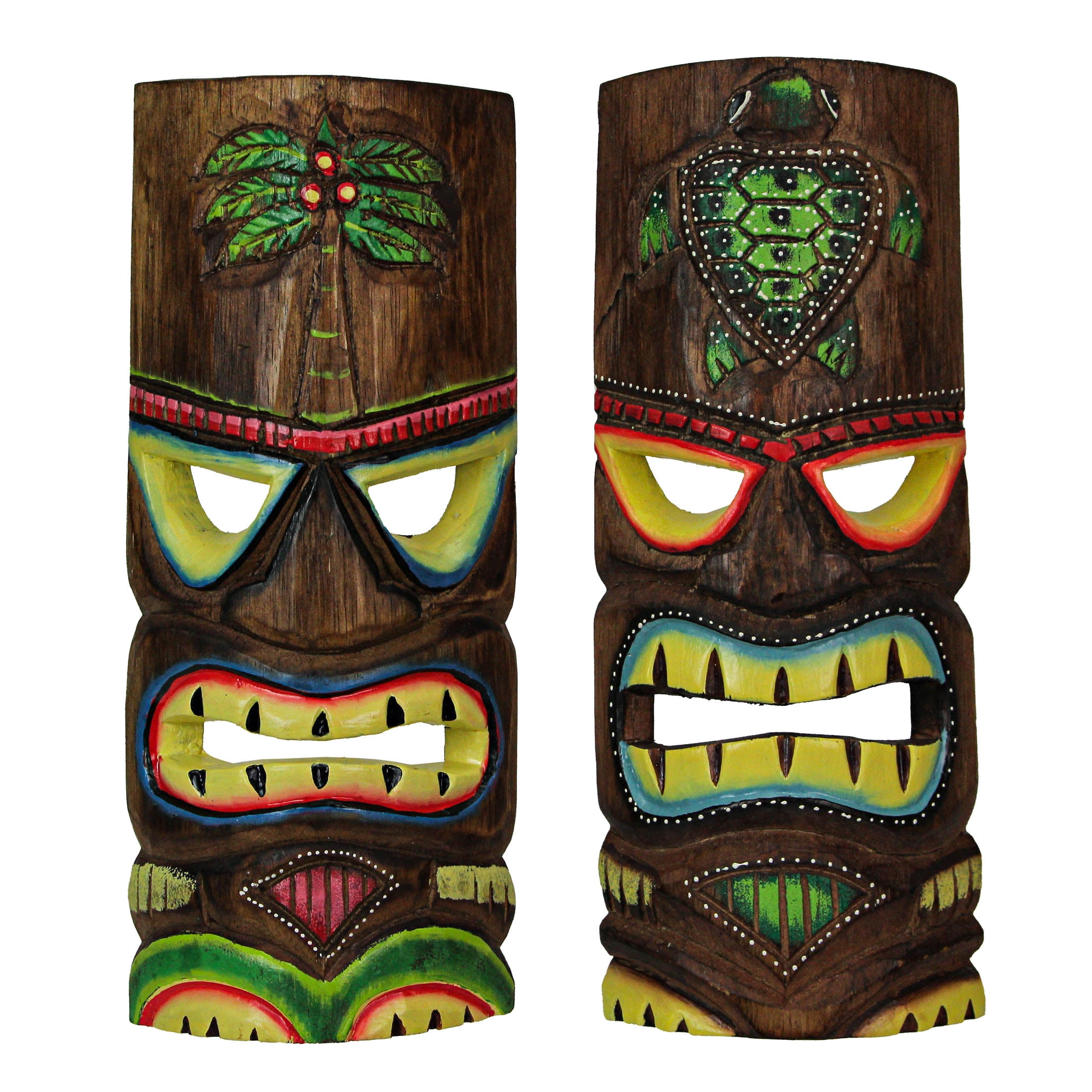Hand Carved Wood Tiki Mask Wall Art Set, 12 Inch