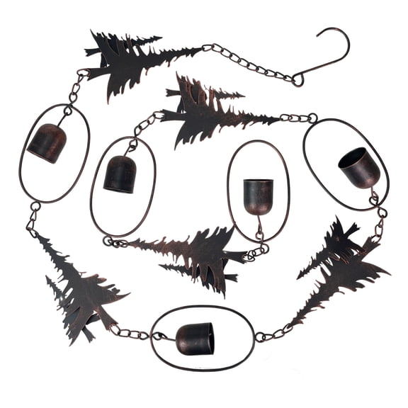 Things2Die4 70" Metal Rain Chain - Forest Trees & Zen Bells, Aged Bronze, 3.25" Diameter - Brown - Size 70 inch