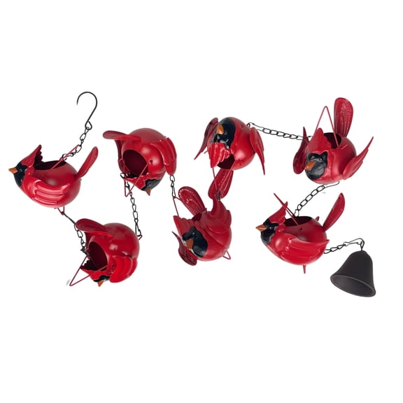 Things2Die4 85-inch Metal Rain Chain - 7 Red Cardinal Birds - Weighted Bell - Brown Finish - Bright Red - Size 85 inch