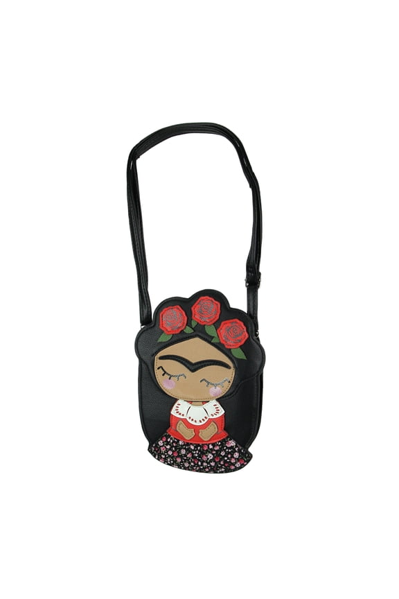 Adorable Black Vinyl Mexican Girl With Flower Crown Crossbody Bag