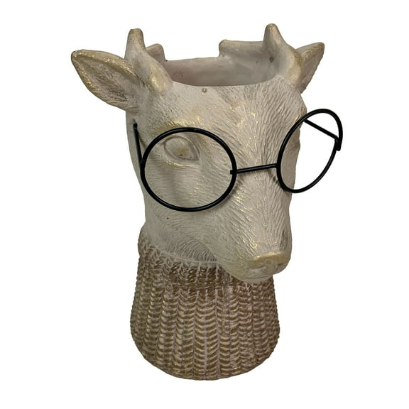 Things2Die4 Bespectacled Deer Cement Vase 8.7" Gold Accents Knit Scarf Real Wire Glasses